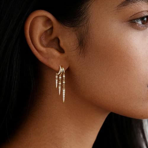 Gold Dangle Earrings for Women, 14k Gold Plated Statement Triple Hoop Illusion Drop Earrings Cubic Zirconia Huggie Earrings for Women Trendy - Thumbnail 2