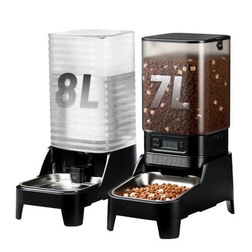 Marchul 7L Automatic Cat Feeder Large Breed and 8L Automatic Gravity Pet Water Dispenser with Patented Faucet, Stainless Steel Bowl, Adjustable Elevated Base, Battery Operated, Timed Feeder