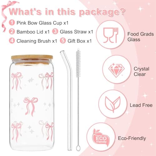 LANGASQUE Coquette Pink Bow Glass Cup with Lids and Straws, 16 oz Cute Glass Cup, Aesthetic Iced Coffee Tumbler with Gift Box Cleaning Brush for Teen Girls Gifts Trendy Stuff Women Girlfriends Gifts - Thumbnail 4