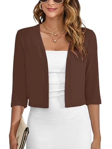 Heymoments Women's Thin Shrugs for Dresses Coffee 2X-Large Open Front Knit 3/4 Sleeve Lightweight Coat Cropped Tops Shawls and Wraps Cardigan Dressy Sweater Clothes - Image 1