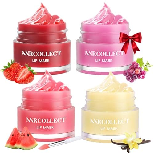 ANRCOLLECT Lip Mask Overnight Set, 4Pcs Lip Care Hydration Treatment Exfoliator Mask Kit, Revives & Nourishes Gift Set for All Day Moisturizing with Collagen & Shea Butter