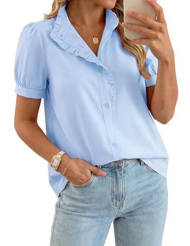 GRACE KARIN Women's 2026 Summer Short Sleeve Tops, Dressy Casual V Neck Blouses, Trendy Button Down Shirts Work Office Blue 2XL - Image 1