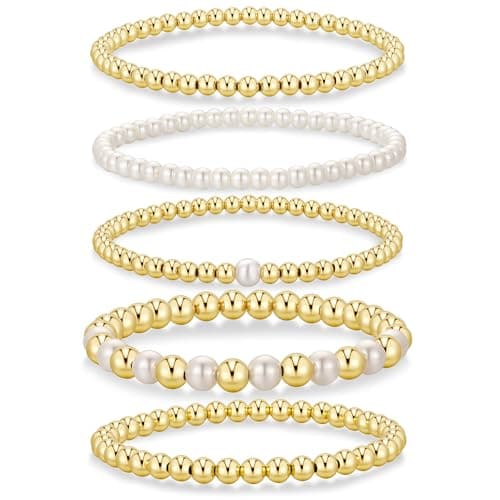 Yoosteel Gold Beaded Bracelets Set for Women - 14k Gold Plated Dainty Round Beaded Pearl Bracelet for Women Simplicity Stackable Jewelry Gifts（5 Pcs） - Image 1