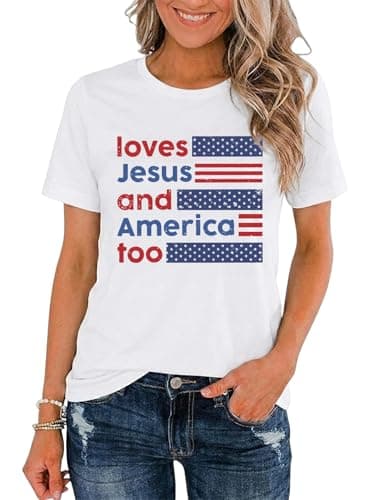 American Flag Shirts Women 4th of July Shirt Loves Jesus and America Too Tshirt Patriotic Short Sleeve Tops - Image 1