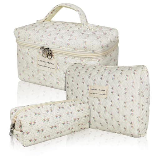 Gosect Quilted Makeup Bag, Large Floral Cosmetic Bag for Women, Cute Cotton Makeup Bag, Flower Travel Toiletry Organizer Bag (Flower) - Image 1