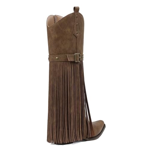 Grakihily Fringe Cowgirl Boots for Women Retro Square Toe Side Zipper Block Chunky Heel Tassel Country Concert Outfits Mid Calf Western Cowboy Boots,Light-Brown Size 6 - Thumbnail 4