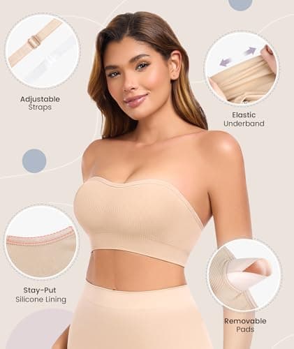 Finduself Strapless Bras for Women Non-Slip Padded Bandeau Bra Wireless Tube Top Bra Including Clear Straps - Thumbnail 4