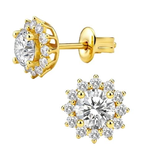IMOLOVE Moissanite Stud Earrings in Sterling Silver With Yellow Gold Plated Trendy Flower Shaped Halo Earrings for Women - Image 1