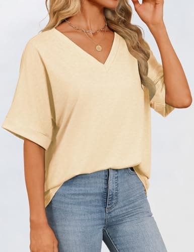 GKBK Womens Oversized T Shirts V Neck Loose Fit Shirts Short Sleeve Summer Casual Tops 2025 Trendy Blouses Y2K Plain Tees Apricot XXL - Thumbnail 3