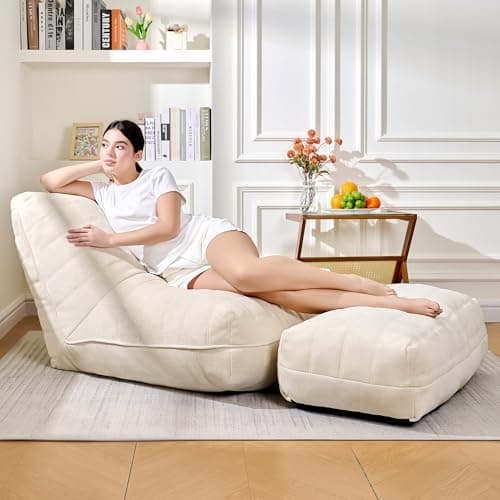 Cvortll Bean Bag Chair with Ottoman, Comfy Bean Bag Sofa with Memory Foam, Lazy BeanBag Sofa with Footstool, Fireside Bean Bag Couch for Living Room, Bedroom, Apartment (Off White) - Image 1