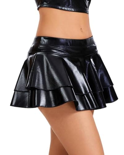 RanZZRan Women's Metallic Ruffle Skort - Shiny Mini Skirt with Built-in Shorts for Party, Club, Rave, Night Y2K Style (US, Alpha, Medium, Regular, Regular, 1 Pack Bright Black) - Image 1