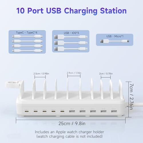 320W Charging Station for Multiple Devices, 10 Ports Fast Multi-Device Charger Organizer Compatible with MacBook Pro Laptop, iPhone, Android, Ipad, Tablet, Kindle, Family Multi-Device Charging Dock - Thumbnail 2