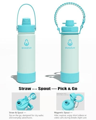 avodvo 18 oz Insulated Water Bottle with 2 Lids (2-in-1 Straw & Spout Lid, Magnetic Lid), Slim Water Bottle with Strap, Stainless Steel Water Bottle for School, PA-Free, Green - Thumbnail 3
