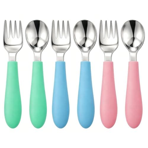 Pimoys 6 Pieces Toddler Utensils, Kids Forks and Spoons with Silicone Handle, Stainless Steel Toddler Silverware Set, Dishwasher Safe - Image 1