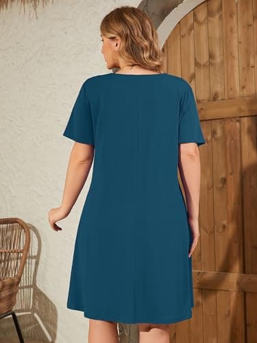 AusLook Plus Size Summer Indigo Blue Dress for Women V Neck Short Sleeve Loose Fit Casual Knee Length 3X Sundress with Pockets - Thumbnail 6