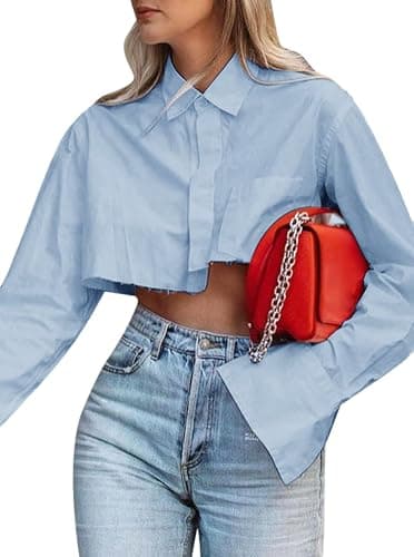 Casual Long Sleeve Button Up Shirts for Women Collared V Neck Asymmetric Hem Crop Top Light Blue M - Image 1