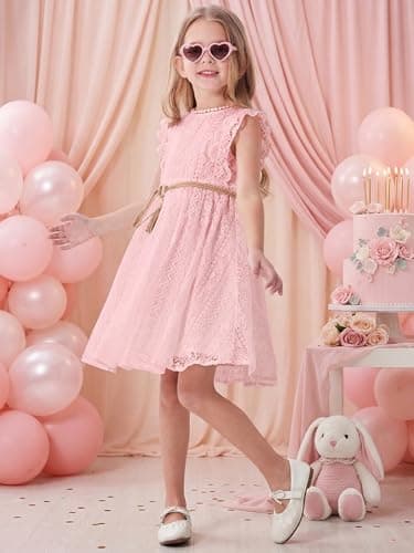 ALLOVIN Toddler and Girls Vintage Boho A-Line Lace Dress with Belt Pom Pom Trim Birthday Party Dress | Pink | 6-7Y - Thumbnail 4