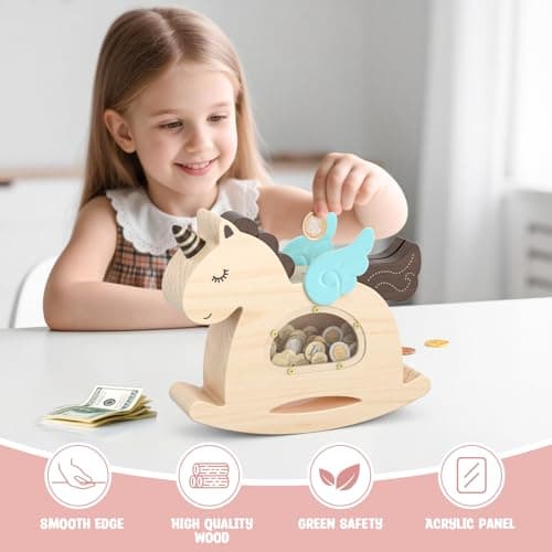 Summidate Unicorn Piggy Bank for Kids Girls,Wooden Rocking Horse Money Banks for Toddlers,Unbreakable Wood Coin Saving Box, Personalized Present Toys for Child Birthday & Decor (Naturl, Standard) - Thumbnail 4