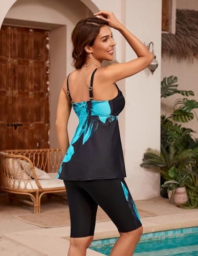 Hanna Nikole Plus Size 2 Piece Rash Guard Bathing Suits with Shorts Womens Tankini Sets Tummy Control Beach Bathing Suits Green Flower US 28 - Thumbnail 2