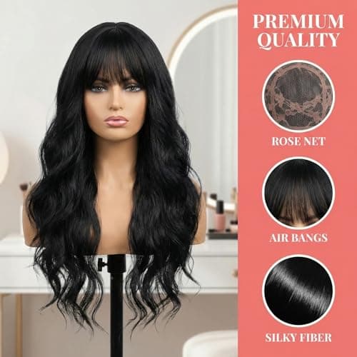 QITAQOTA 26 Inch Natural Black Body Wave Wig for Women with Air Bangs - Heat Resistant Synthetic Wig, Breathable Cap & Free Wig Cap, for Daily Wear, Cosplay, Date & Party - Thumbnail 2