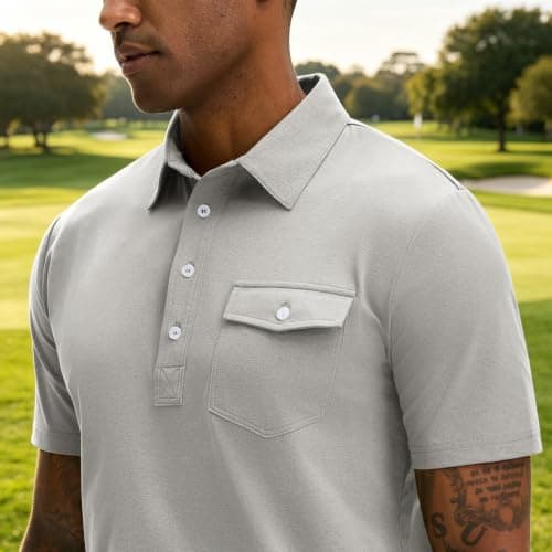 JEMLDL Mens Polo Shirt Quick Dry Short Sleeve Casual Summer Polo Tee with Pocket Classic Collared Golf Stylish Tops Light Gray L - Thumbnail 2