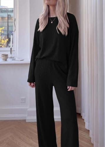 KIRUNDO Spring 2 Piece Lounge Sets for Women Long Sleeve Ribbed Knit Tops Wide Leg Pants Matching Travel Outfits Postpartum(Black, XX-Large) - Thumbnail 4