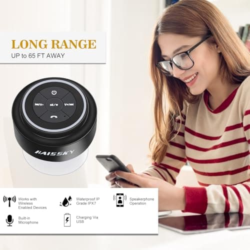 HAISSKY Bluetooth Shower Speakers, Portable Wireless Speaker with Suction Cup, IP67 Waterproof Speaker Pairs Easily to Phones, Tablets, Computer, Gift for Men & Women - Thumbnail 3