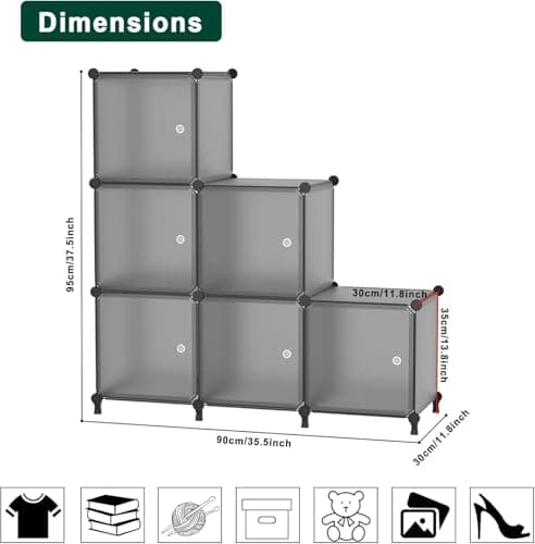 ATTDETJL 6-Cube Storage Unit with Doors, Cube Organizer for Bedroom, Wardrobe & Under Stairs, 30x30x30cm Compartments, Space-Saving Closet Storage, Grey ATTSL6004 - Thumbnail 3