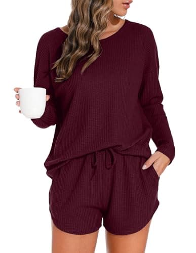 PrinStory Pajamas Set for Women Waffle Knit Lounge Set 2 Piece Outfits Loungewear Sweatsuit with Pockets Wine Red - Image 1