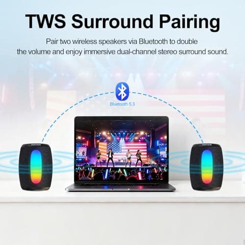 Portable Bluetooth Speaker, 2026 Powerful Stereo Loud Sound Wireless Speaker, 8 LED Modes, IPX5 Waterproof, Up to 36H Playtime, BT 5.3 with AUX, TWS Pairing, for Outdoor/Home/Party/Beach, Ideal Gifts - Thumbnail 5