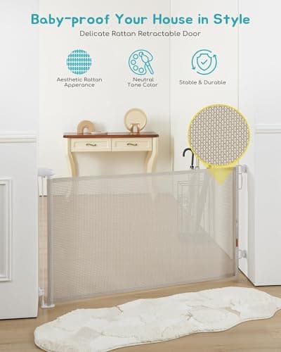 Attababy Retractable Baby Gate, Exquisite Rattan Mesh, 33" Tall, Expands to 55" Wide, Dog Gate for Stairs, Doorway, Hallway, Indoor/Outdoor Pet Fence, Walk-Through Design with No Bottom Bar, Beige - Thumbnail 2