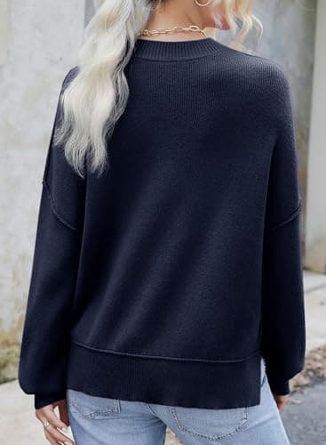 Dokotoo Sweaters for Women Trendy Crew Neck Solid Patchwork Casual Loose Teacher Fall Outfits Knitted Tops Cute Pull Over Long Sleeve Crop Pullover Sweater Navy Blue Medium - Thumbnail 2