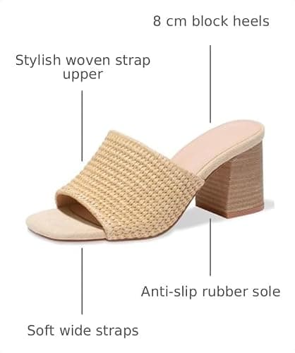 Ancomafio Women's Heeled Sandals Raffia Heels Square Open Toe Sandals Backless Mules Slip On Block Slides Brown Size 9 - Thumbnail 3