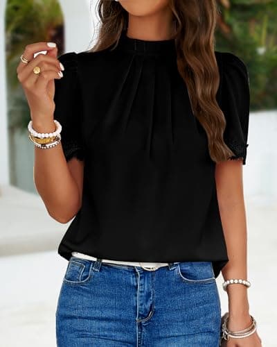BTFBM Women's Dressy Casual Blouses Business Work Tops Lace Trim Short Sleeve Office Shirts 2025 Summer Spring Outfits(Black, Small) - Thumbnail 2