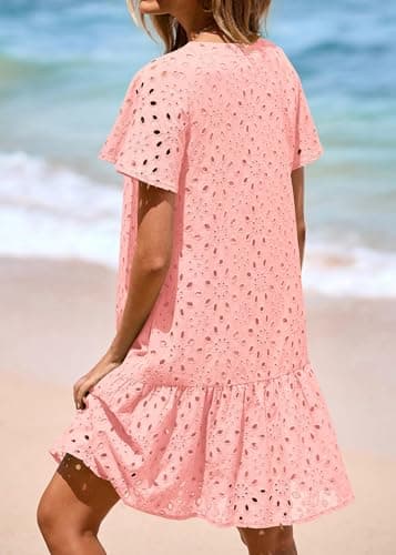KIRUNDO Eyelet Dresses for Women 2026 Spring Summer Short Sleeve Button Down Loose Mini Babydoll Dress Beach Vacation Clothes(Pink, Medium) - Thumbnail 2