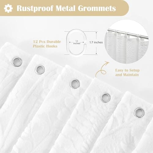 Lameirose Extra Long White Shower Curtain Fabric, Lace Shower Curtain 72 x 84 Tufted Tropical Plant Textured Shower Curtains Shabby Chic Home Decor for Bathroom - Thumbnail 6