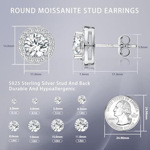 Lyniuoy Moissanite Studss For Women Men Sparkle Cubic Zirconia 18K White Gold Plated 925 Sterling Silver Hypoallergenic Flat Back Stud Gifts For Women Wife Girlfriend 11.0mm 5.0ct X2 - Thumbnail 4