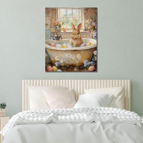 WayToLight Easter Bunny & Floral Canvas Wall Art,Cute Rabbit and Easter Eggs Painting Prints,Vintage Farmhouse Spring Animal Picture,Modern Framed Easter Wall Decor for Bedroom,Living Room, Bathroom,Office (Style 4, 8" x 10") - Thumbnail 4