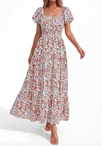 BTFBM Summer Dress for Women 2026 Spring Floral Short Sleeve Casual Flowy A-Line Smocked Tiered Maxi Dresses Pockets(Floral Beige Multicolor, Medium) - Thumbnail 4