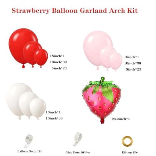 Strawberry Balloon Garland Arch Kit, 143pcs Red Pink and White Balloons with Strawberry Foil Balloons for Sweet Girl Berry First Baby Shower Birthday Party Decorations - Thumbnail 2