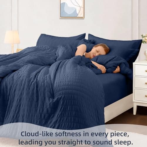 FUANNA King Size Comforter Set 7 Pieces, Luxury Seersucker Bed in a Bag King for All Seasons, Soft King Bedding Set with Comforter, Flat Sheet, Fitted Sheet, Pillowcases & Shams for Bedroom, Navy Blue - Thumbnail 2