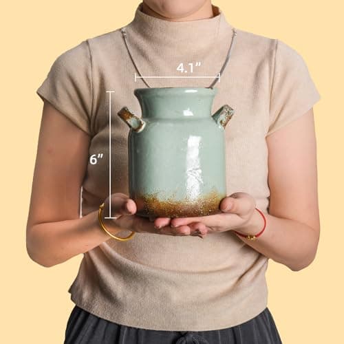 Quoowiit Ceramic Rustic Farmhouse Vase, Distressed Decorative Flower Vases for Home Decor, Ideal Shelf Decor, Green Boho Vase for Living Room Bedroom Kitchen Office Centerpiece Table Decorations - Thumbnail 5