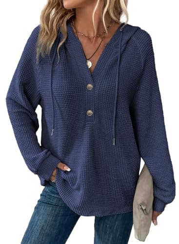 BLENCOT Womens Hoodies Button Drawstring V Neck Hooded Waffle Knit Pullover Sweatshirt Casual Long Sleeve Sweatshirts Trendy Clothing Tops Shirts Blue M - Image 1