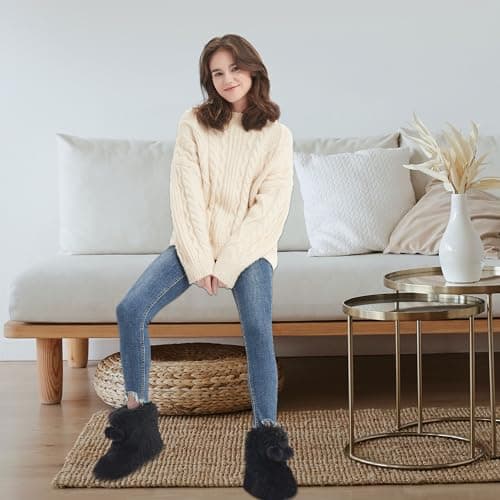 Forfoot Womens Slippers, Soft Plush Fuzzy House Slippers for Women Warm Cozy Indoor and Outdoor Black Slipper Boots Size 10-11 - Thumbnail 2