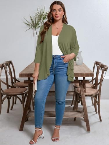 AusLook Women's Plus Size 3/4 Sleeve Lightweight Open Front Cardigan Light Green 3X Draped Ruffles Causal Cover Ups Shrugs Tops Shawls and Wraps Kimono Jacket Coat - Thumbnail 4