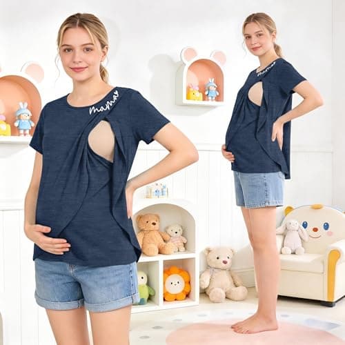 Nursing Shirts for Breastfeeding Double Layer Breast Feeding Tops Mama Postpartum Clothes Short Sleeve Maternity Tees Blue - Thumbnail 2