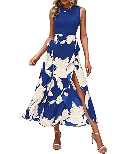 BTFBM Summer Dresses for Women 2026 Casual Spring Floral Sleeveless Ruffle Boho Cocktail Wedding Guest Party Midi Dress(White Floral Bright Blue, X-Large) - Image 1