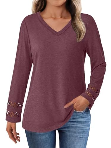 GKBK Women’s Long Sleeve V Neck Tunic Top Casual Dressy Blouse Business Loose Fit Trendy 2025 Fall Outfits Wine Red XL - Thumbnail 2