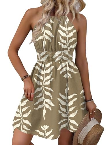 BLENCOT Wedding Guest Dresses for Women Casual Summer Halter Neck Floral Dress Beach Vacation Clothes with Pockets Khaki X-Large - Image 1