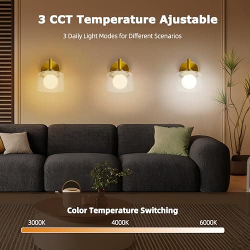 TYhogar Wall Sconces Set of Two, Gold Wall Lights with Clear Glass,Led Sconces Wall Decor Set of 2 Hardwired Hallway Light 3 Color Temperature Indoor Wall Sconce for Bathroom,Bedroom,Living Room - Thumbnail 5